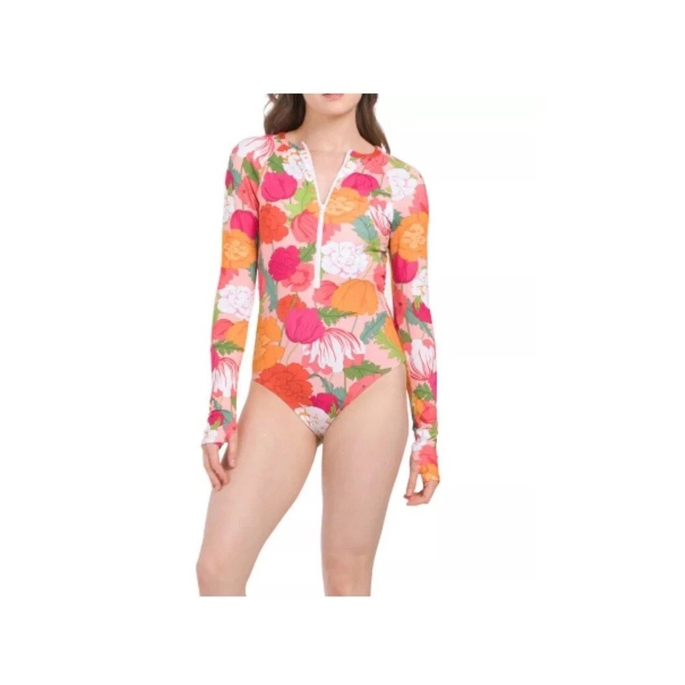 TRINA TURK Sz S Sunny Bloom Paddle Suit Long Sleeve Rash Guard Swimsuit Nice